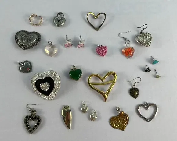 Y2K VTG and Modern Heart Jewelry Lot Rhinestone Pendants Earrings Brooches Craft