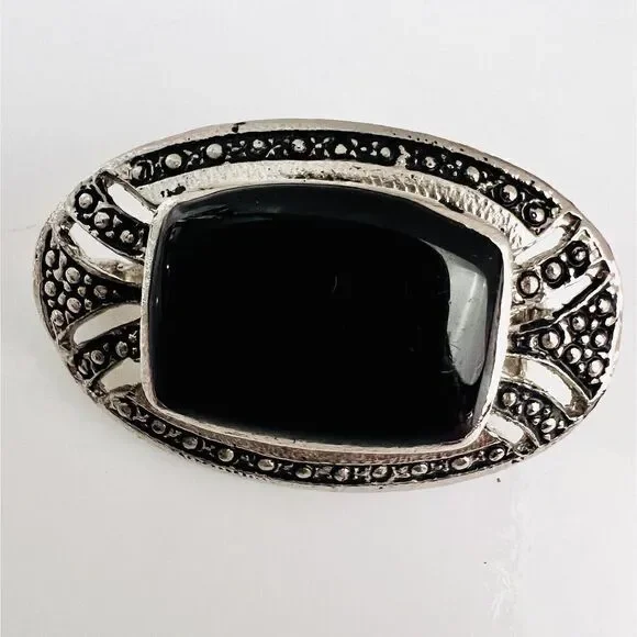 Vintage Brooch Art Deco Victorian  Silver Tone Black Faceted Stone Ornate 1122