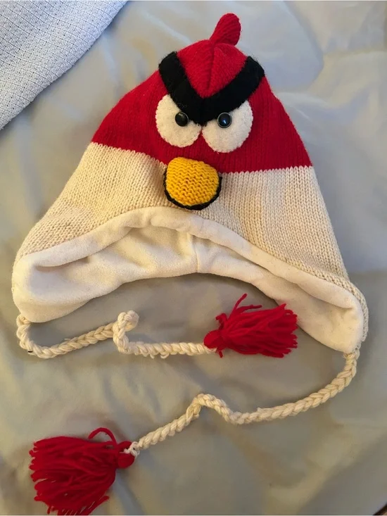 Red & Cream Angry Birds Kids Knit Winter Hat Wool