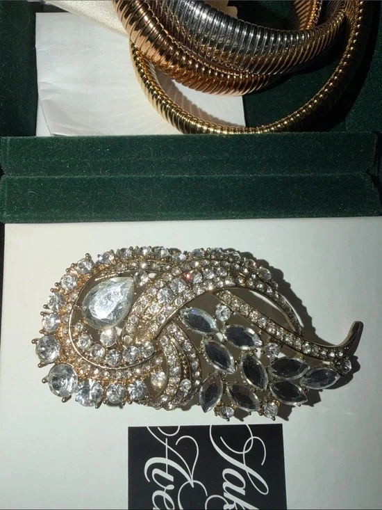 Gold-Tone Crystal Leaf Brooch - Unbranded