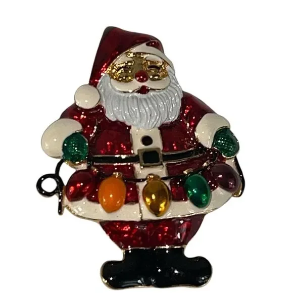 Santa Claus with Lights Christmas Brooch Pin Enameled Holiday Festive