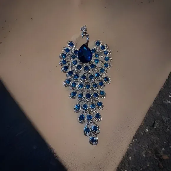 Large Silver Tone Peacock Brooch Blue Rhinestone Fanned Tail Statement Pin