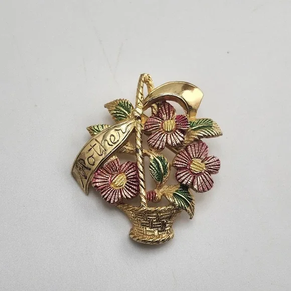 Gold‎ tone Flowers Mother brooch pin 1 1/4