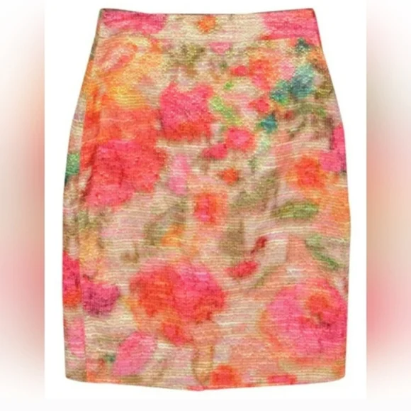Kate Spade Watercolor Jacquard Tweed Pencil Skirt XS Multicolor Metallic Floral