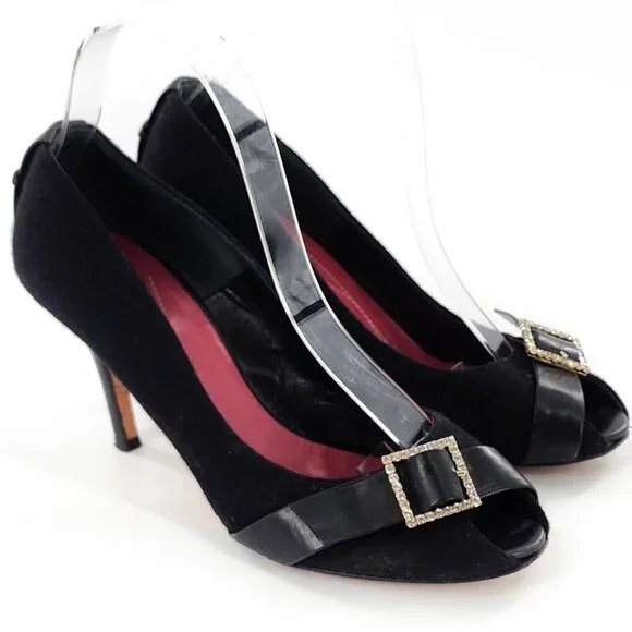 KATE SPADE Black Rhinestone‎ Buckle Peep Toe Pumps