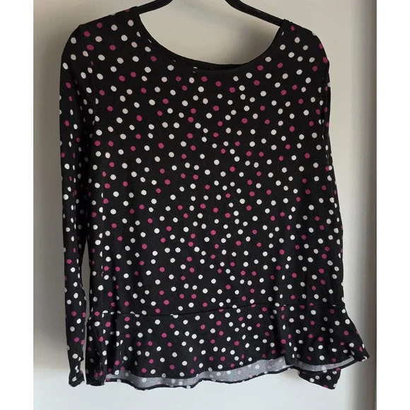 Kate Spade Blouse Women M Black White Pink Polka Dot Long Sleeve Round Neck Top