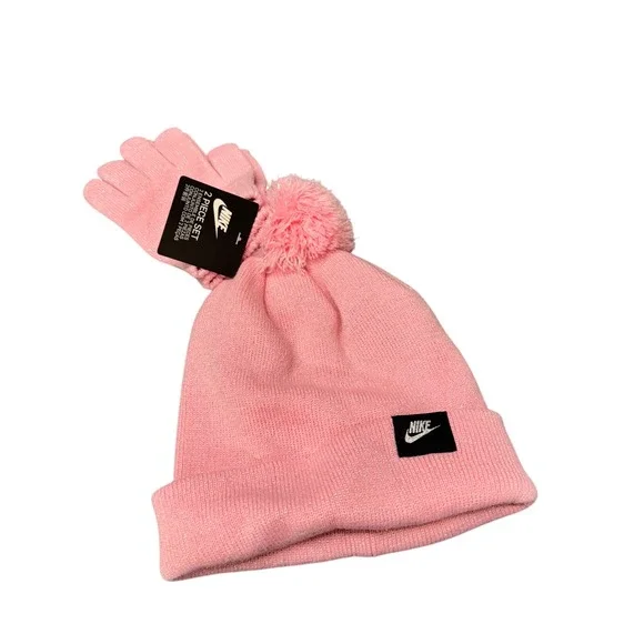 Nike Beanie and Gloves Girls Youth Pink Sparkle Winter Hat Set One Size NEW