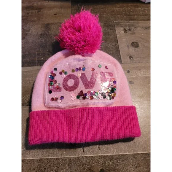 Pink winter hair love sequin‎ hat pom pom