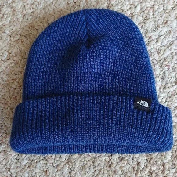 The North Face Blue Knit Logo Cuffed Beanie for youth