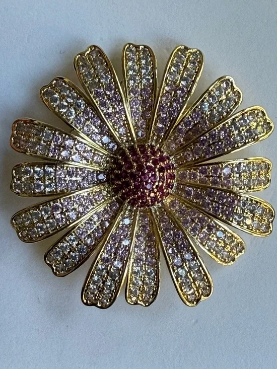 Gold-Tone Pink & White Crystal Flower Brooch