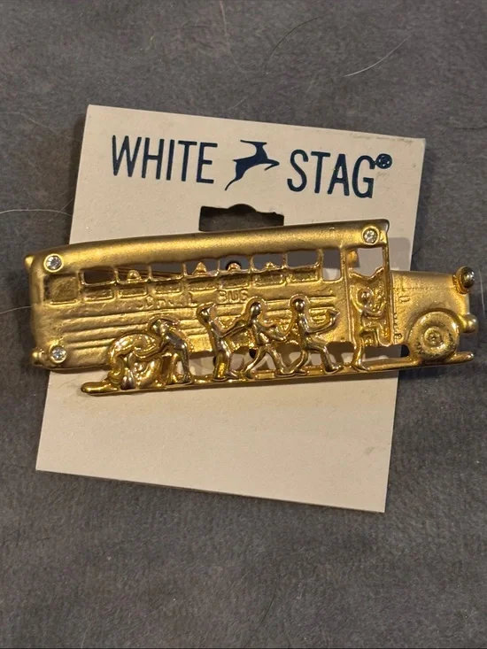 White Stag Gold-tone School Bus Pin with Rhinestone Accents