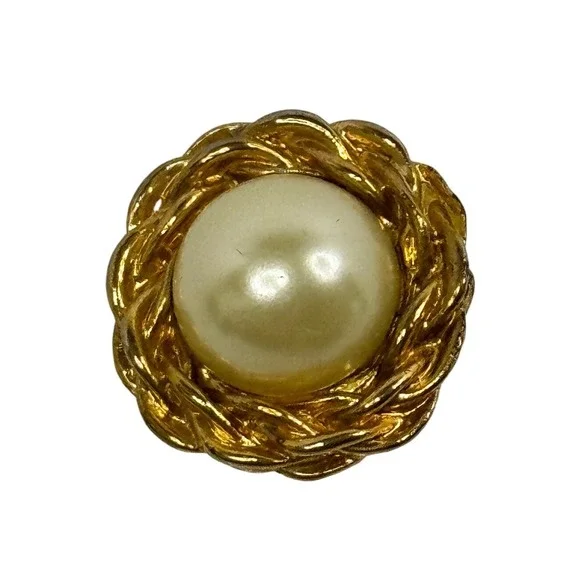 Vintage Gold Tone Braided Rope Faux Pearl Round Brooch Pin Quiet Luxury Y2K‎