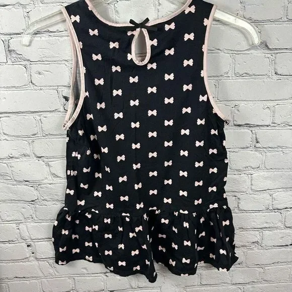 Kate Spade Women’s Sleeveless Top Black with Pink Bows Ruffle Bottom Keyhole S
