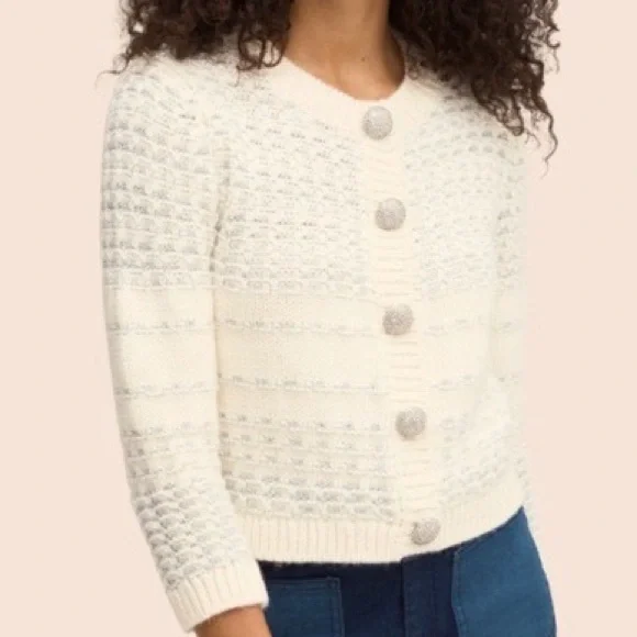 KATE SPADE NWOT Jewel Button Textured Cardigan in Cream Metallic Silver Print