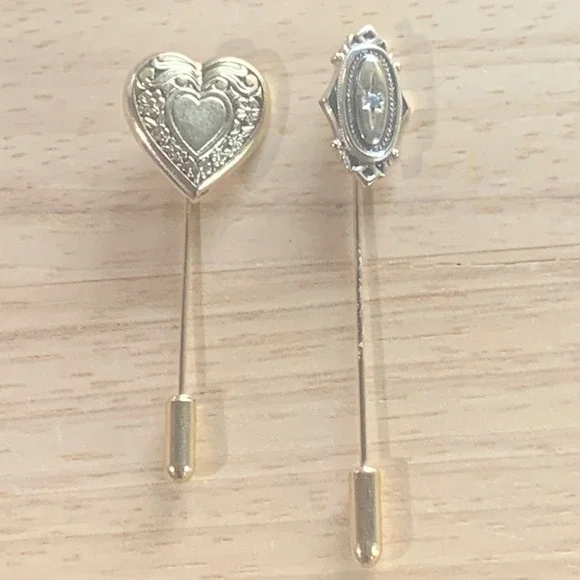 Victorian Style Vintage Stick Pin Set Heart Floral Gold Tone & Oval‎ Silver Tone