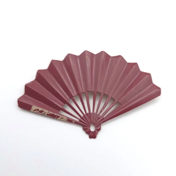 Vintage Burgundy Enamel Metal Folding Fan Brooch Pin Gold Tone Chinoiserie Style