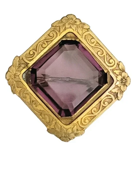 Gold Tone Square Nouveau Style Purple Faceted Prong Glass Pin M264