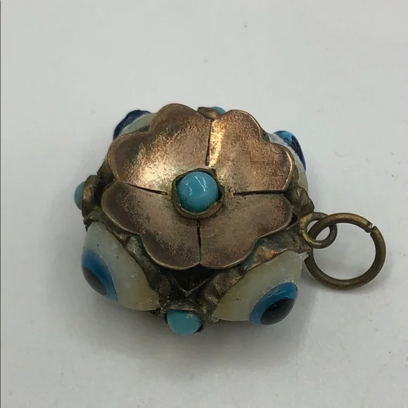 Vintage Brass Turkish Evil Eye Sphere Charm Pendant | Flower & Turquoise Accent