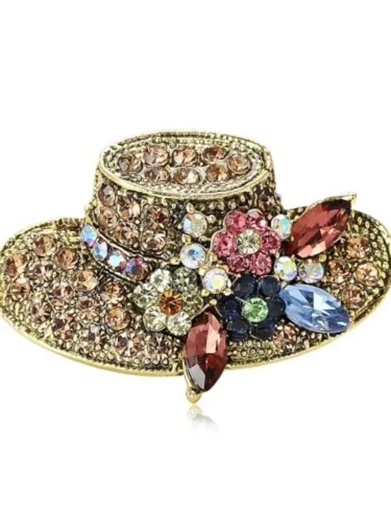 New - Rhinestone Sun Hat Brooch‎ Pin for Women Cute Colorful Flower