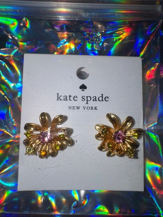 kate spade Gold Flower Crystal Stud Earrings with Pink and Green Accents