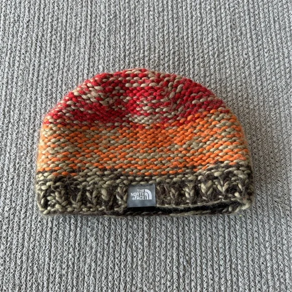 The North Face Red Orange Stripe Beanie Knit Hat Fleece Lining