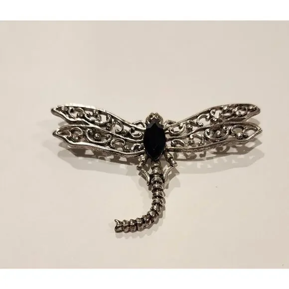 Vintage 90's Artisan Silver Dragonfly Faux Onyx Large‎ Brooch Pin unmarked
