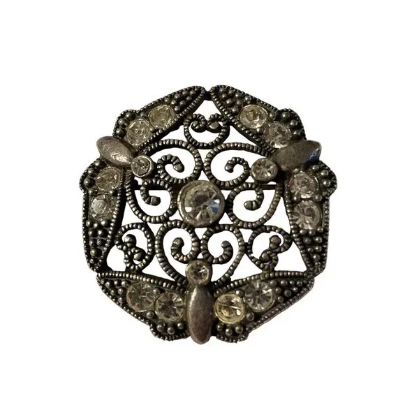 VTG‎ 1928 Rhinestone Silver Tone Filigree Brooch Pin Open Work Art Deco Style