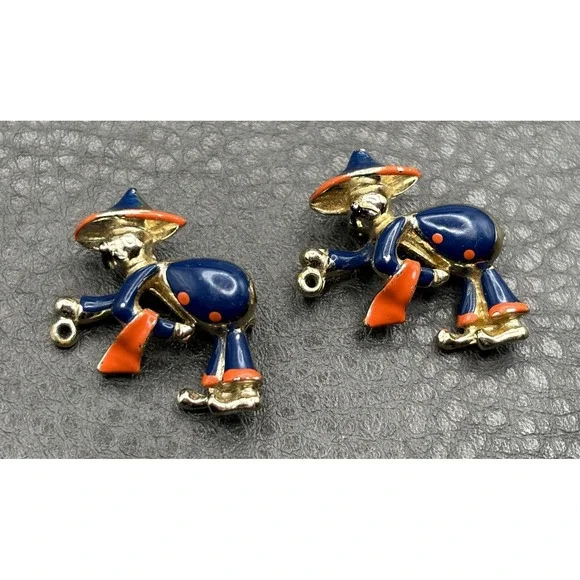 Vintage Lot of 2 1950s Figural Matador Blue Orange Enamel Brooch Pin Gold Tone