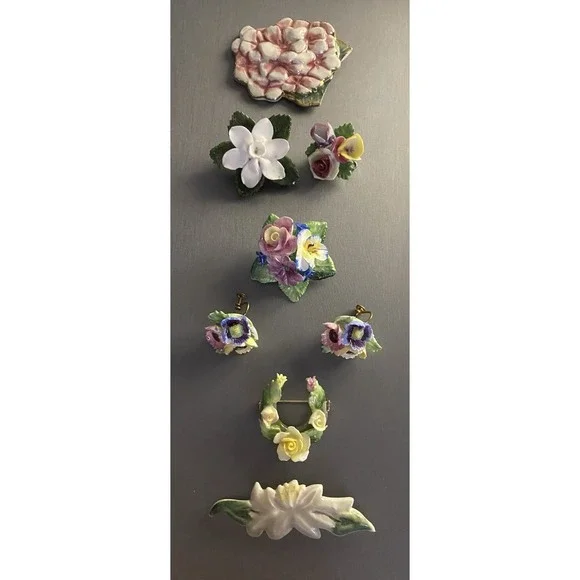 VTG Denton England & Porcelain Flower Floral Brooch Pin Screw Back Earrings Lot