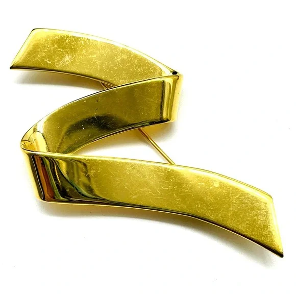 Signed Monet Gold Tone Brooch Pin Vintage Abstract Ribbon Modernist Statement