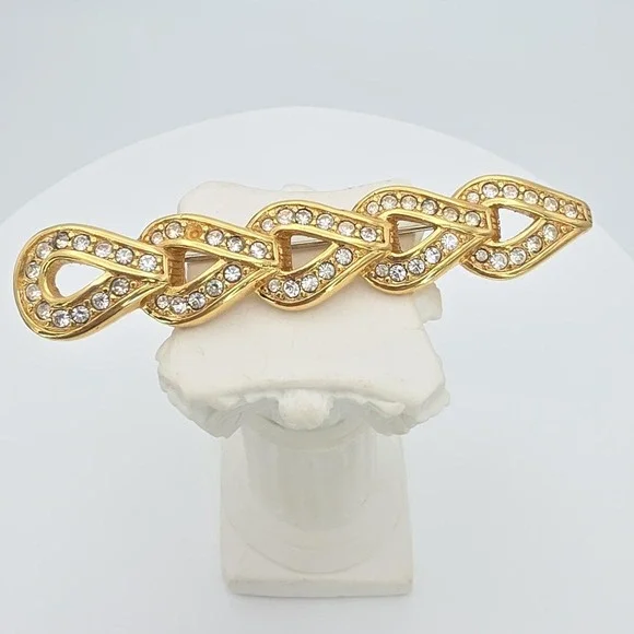 Vtg SWAROVSKI Signed Crystal Brooch Pin Interlocking Teardrop Shapes Gold Plate‎
