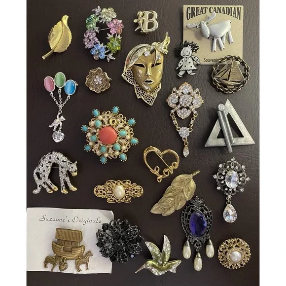 Vintage to Modern Rhinestone Mixed Metal Brooch Pin Lot - Set of 22 Brooches