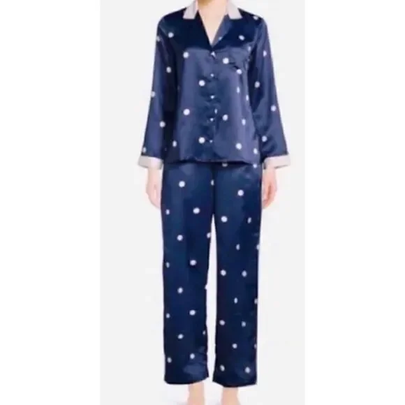 COPY - Kate Spade Navy and Pink Polka Dot Satin Pajamas Medium