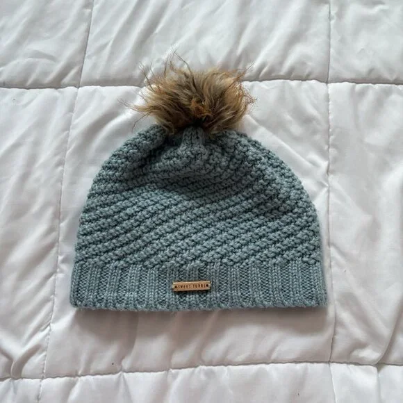 Sweet Turns Blue Knit Hat Beanie Winter Fall Cap Brown Pom‎ Fleece Lining