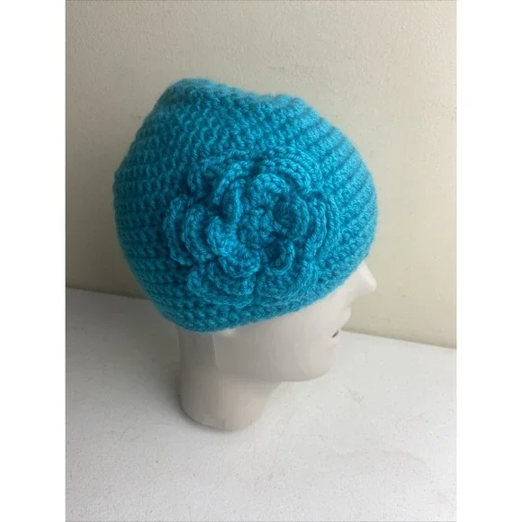 CROCHET Beanie Hat Teal Blue Handmade Flower Cap‎ Cottagecore Youth O/S