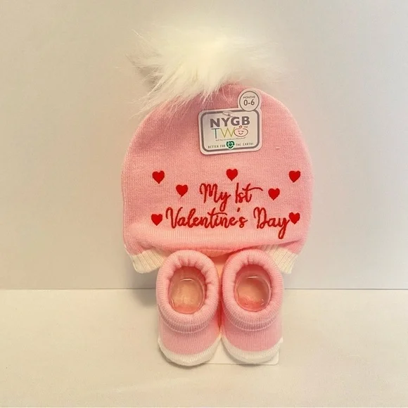 NYGB Baby Girl 1st Valentine's Day Hat & Sock Booties Size 0-6 Months NWT