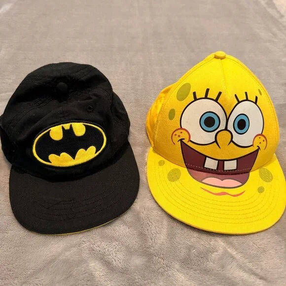 Set of 2 Youth Hats Nickelodeon SpongeBob Snapback & DC Batman Elastic Cap