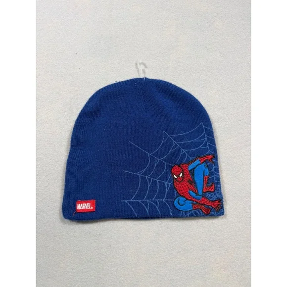 Marvel Spider-Man Kids Blue Knit Beanie Hat Superhero Web Embroidery