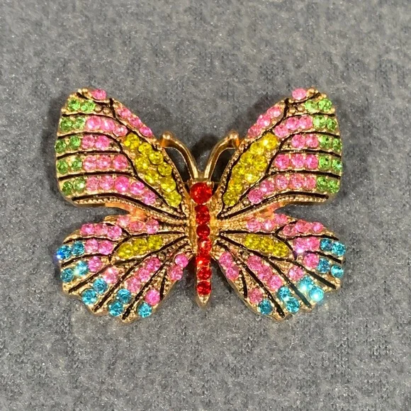 Butterfly Rhinestone Brooch Pin Pink Yellow Green Blue Rainbow Sparkle Fairycore