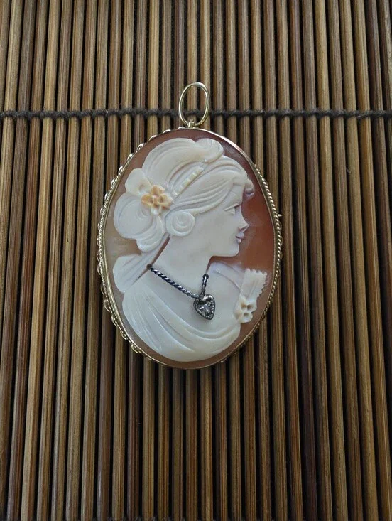 10k Cameo Diamond Yellow Gold Pendant, Brooch (Vintage)