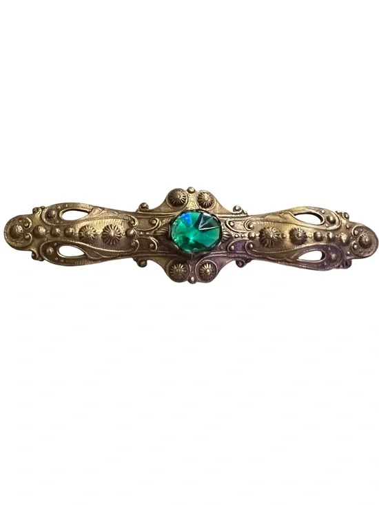 Antique-Style Gold Tone Bar Brooch with Green Crystal