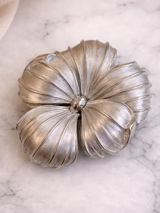 Vintage Crown Trifari Silver Tone Floral Brooch Textured Petals Signed