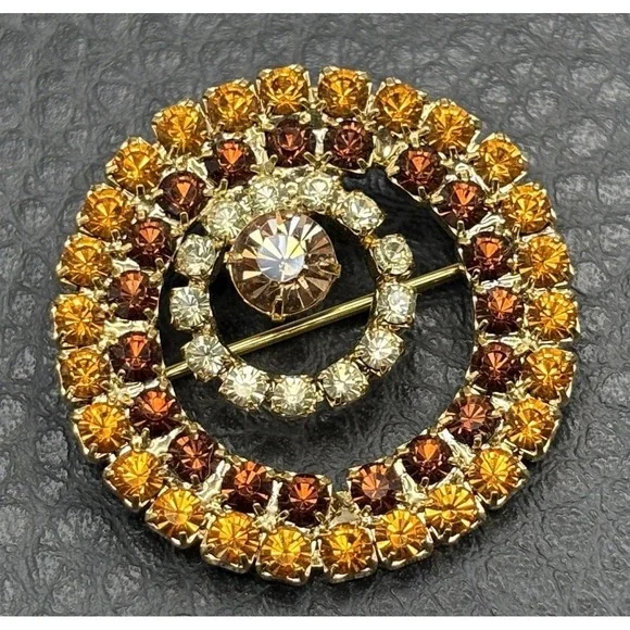 Vintage Signed Monet Gold Tone Multi-Color Rhinestone Crystal Spiral Brooch Pin