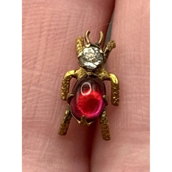 Vintage Victorian Tiny Beetle Bug Lapel Tie Tack Pin Red Cabochon Crystal