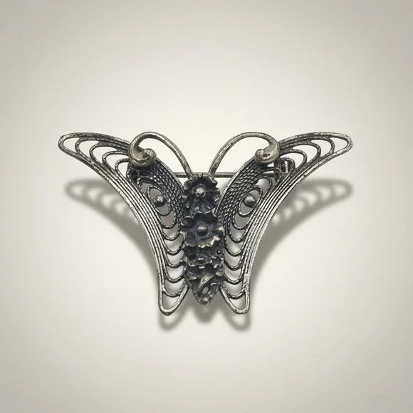 Vtg‎ Beau Sterling Butterfly Brooch Statement Silver Tone Filigree 2