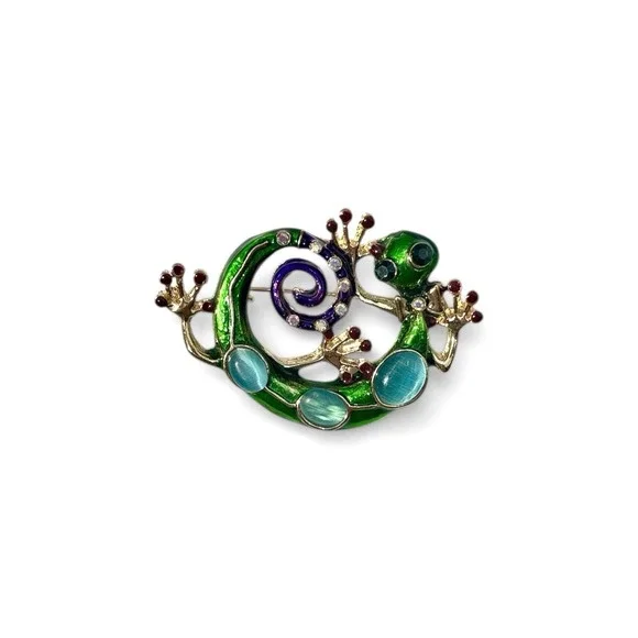 Vintage Multicolor Enamel Rhinestone Green‎ Gecko Lizard Brooch Pin