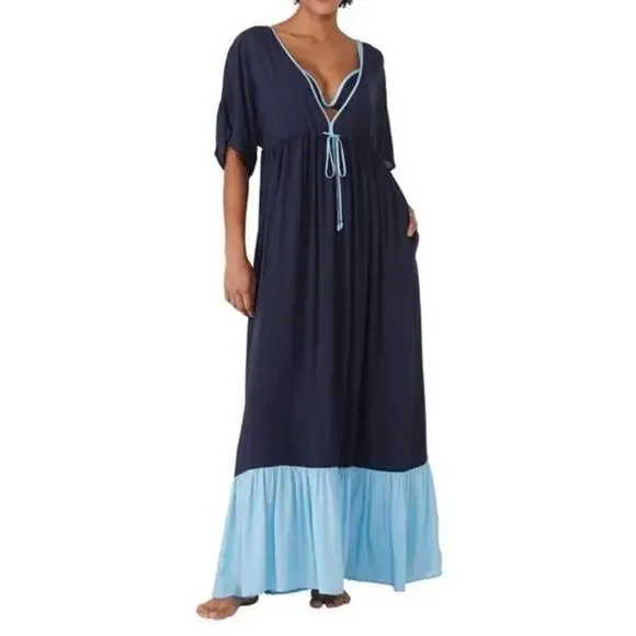 NEW KATE SPADE BLUE & NAVY MAXI TIERED DRESS SZ M