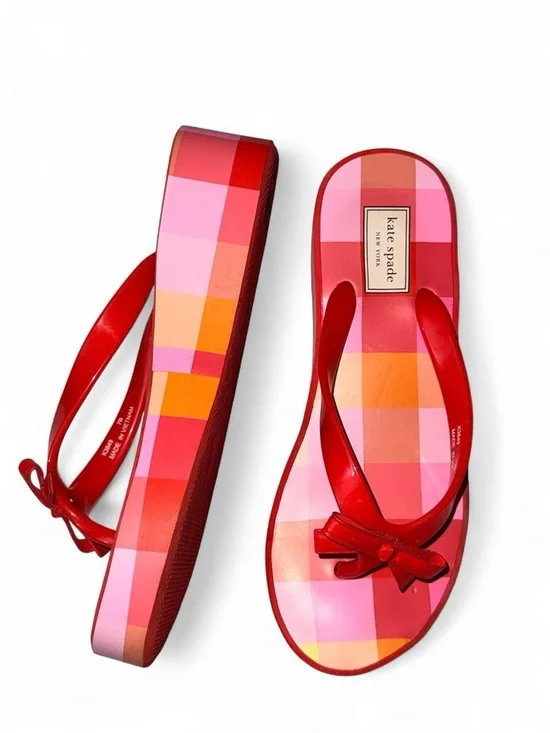 kate spade Red Pink Orange Check Platform Flip Flops