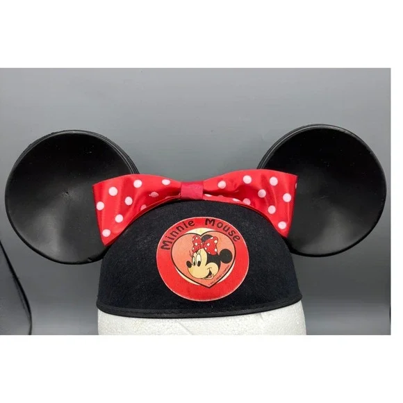 Vintage 90s Disney Minnie Mouse Ear Hat Black Felt Red Polka Dot Bow Made in USA