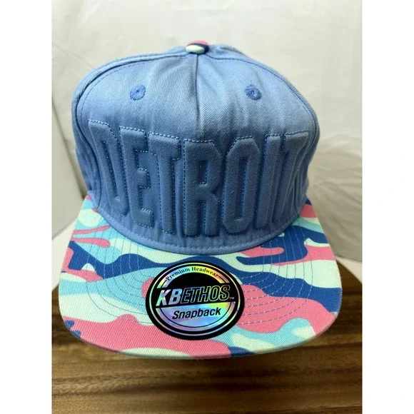 Detroit‎ Style Hat Cap puffy spell out Snapback Blue Paint Spill Pink Blue